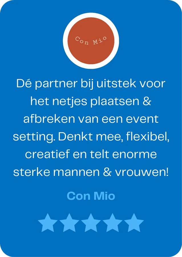 Con Mio over Team WAUW: &ldquo;Dé partner bij uitstek voor het netjes plaatsen & afbreken van een event setting. Denkt mee, flexibel, creatief en telt enorme sterke mannen & vrouwen!&rdquo;